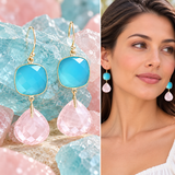 Tear drop rose quartz with cushion cut aqua chalcedony