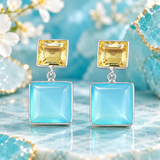 "Two squares" Lemon topaz and aqua chalcedony earring