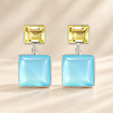 "Two squares" Lemon topaz and aqua chalcedony earring