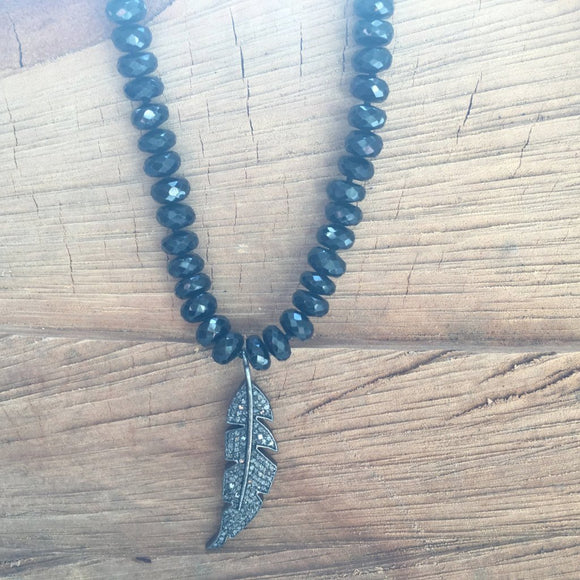Black onyx with pave diamond leaf pendant