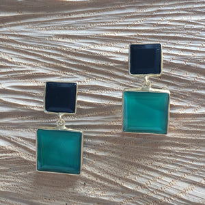 "Two squares" Black onyx and green onyx earring
