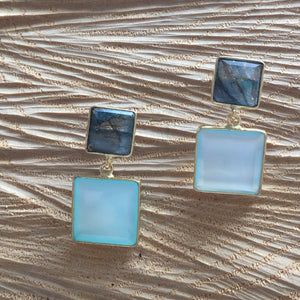 "Two squares" Labradorite and Aqua chalcedony earring