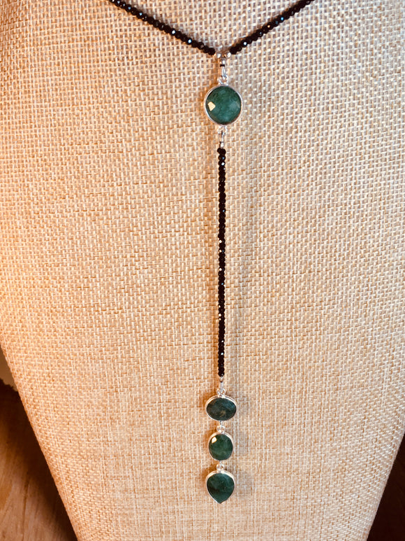 Black Onyx lariat necklace with Emerald