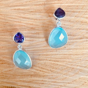 "Double drop" earring with Aqua and Blue Chalcedony