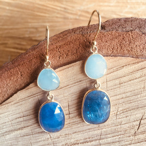 "Double drop" earrings with aquamarine and tanzanite