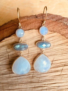 "Triple drop" earrings with Rainbow Moonstone and Labradorite