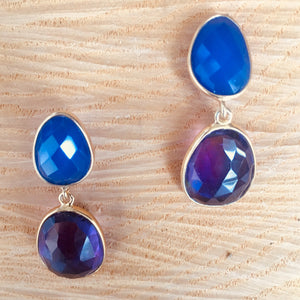 "Double drop" blue chalcedony and amethyst earrings